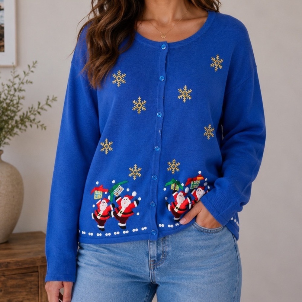Crystal Kobe XL Christmas Cardigan Blue Santa Snowflake Holiday Cotton Blend‎